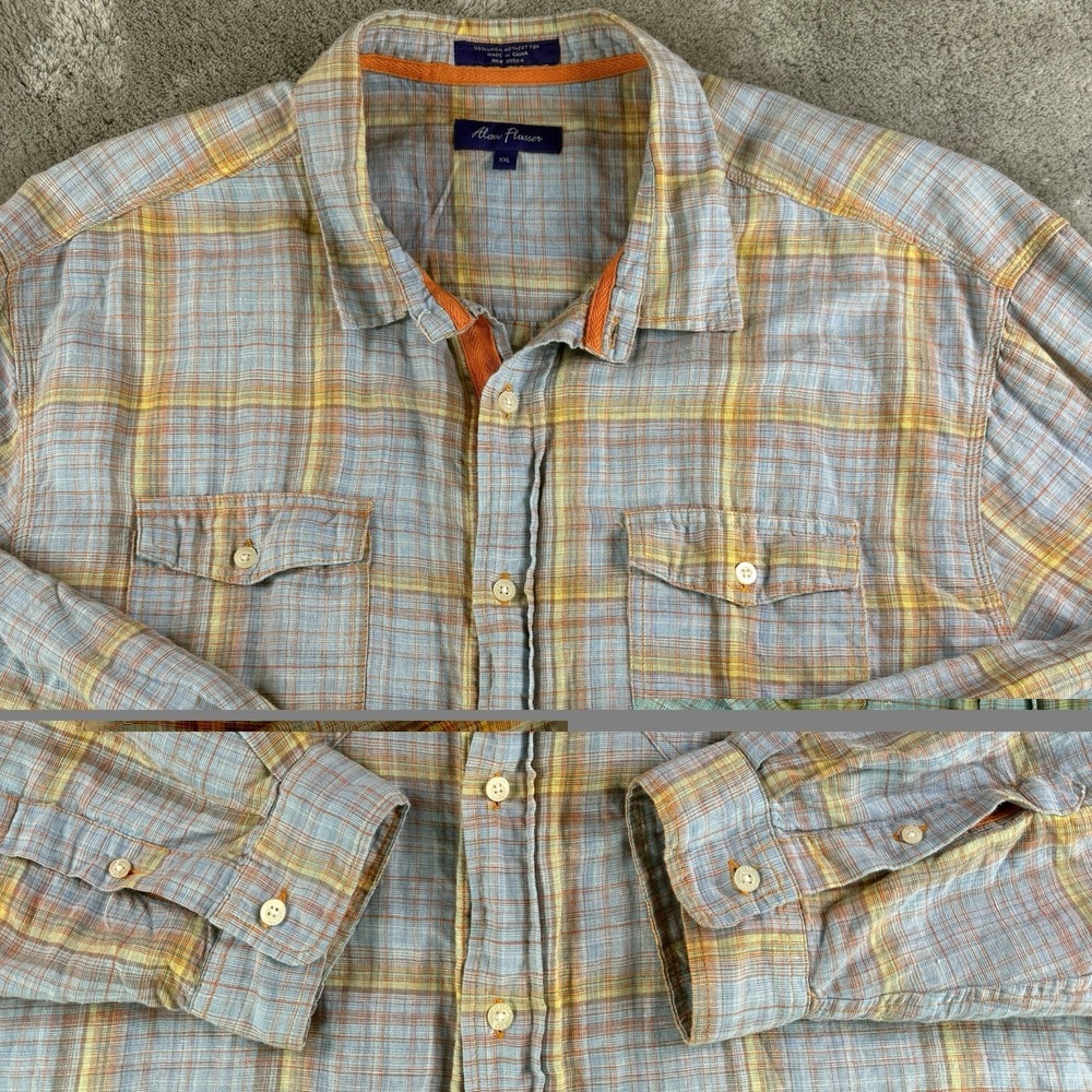 Alan Flusser Linen Cotton Shirt Men's XXL Plaid Button Front Lightweight Casual